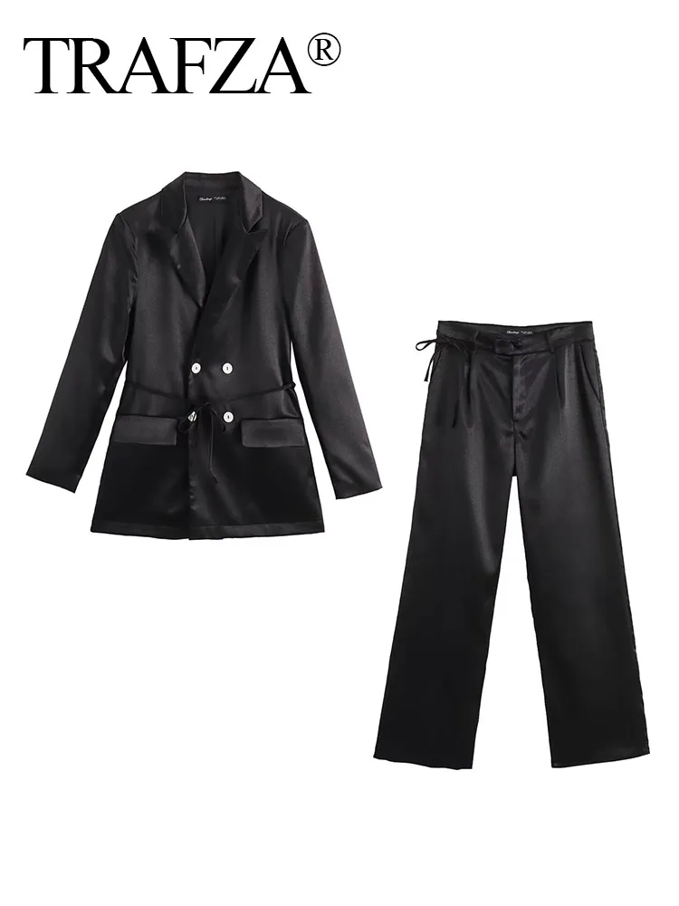 

TRAFZA Female 2 Piece Suit Fashion Double Lapel Vertical Blazer+Elegant Black Pockets Bow Lace-up Satin Texture Long Pants Mujer