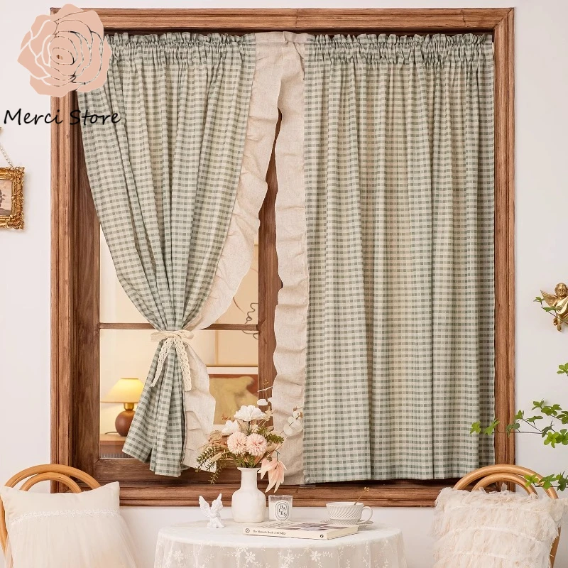 

American Retro Green Plaid Cotton Linen Half Blackout Curtain Tulle for Living Room Ruffled Door Through Velcro Patch Drapes