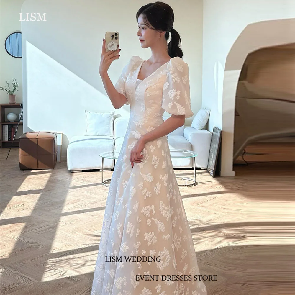 

LISM 2024 Embroideries Tulle Korea Wedding Dresses V Neck Puff Half Sleeves A-Line Floor Length Bridal Gowns Photo Shoot