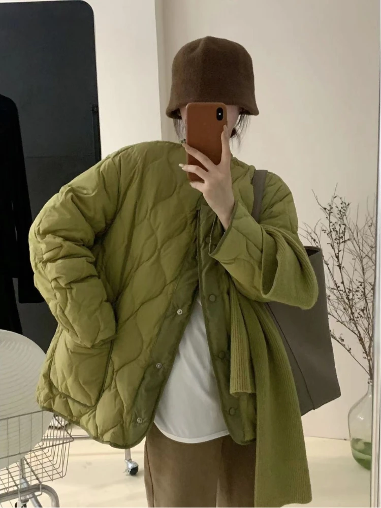 معطف نسائي فضفاض من القطن الدافئ بنمط الماس من Thiened النسخة الكورية برقبة دائرية وسترة قطنية مبطنة خفيفة الوزن #3