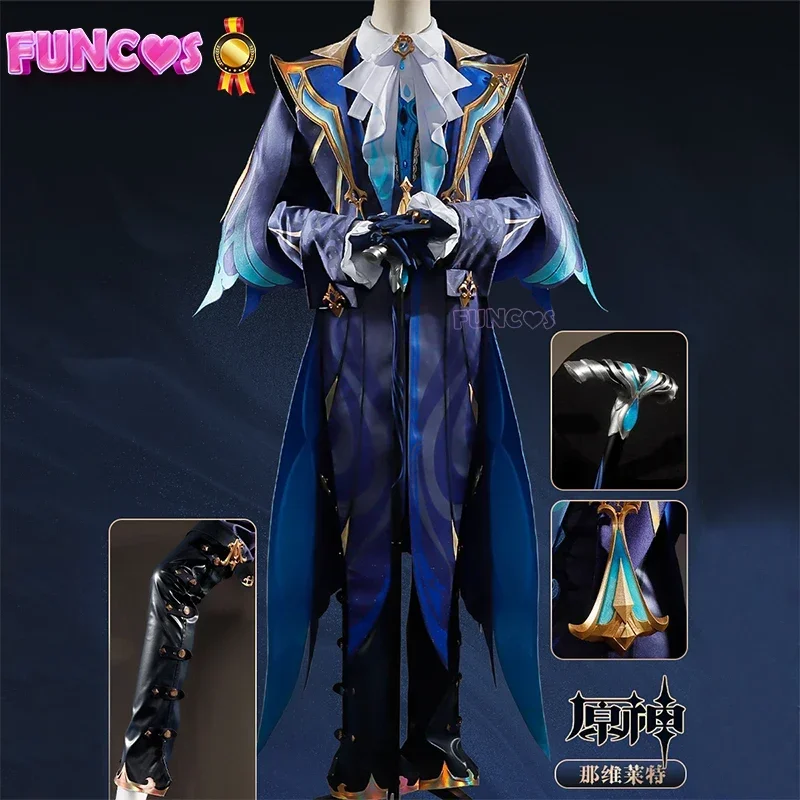 Genshin Impact Neuvillette Cosplay Costume Wig Walking Stick Fontaine Chief Justice Uniform Pants Headwear Gloves Accessories