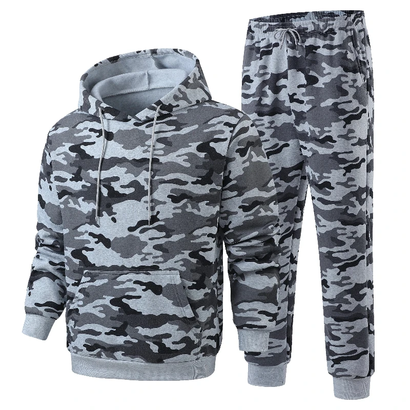 Velvet Thickened Men's Camouflage Hoodie Sets Autumn Two-piece Camo Tracksuit Men Hooded Fleece Joggers Men's Winter Sportswear