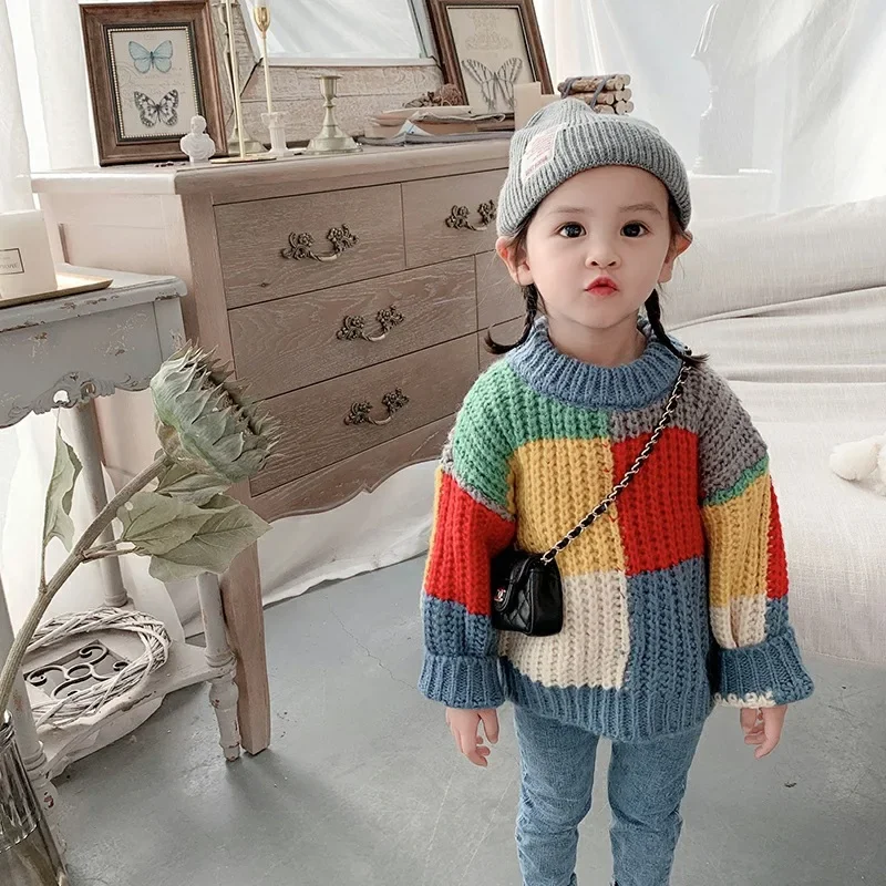 spring autumn girls sweater baby Korean contrast color vintage retro wool knitted sweaters top kids clothes jumper 2 to 8 years