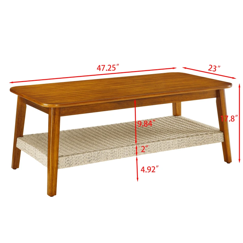 Mid-century Coffee Table With Woven Shelf Boho Rattan Coffee Table With Storage Low Rectangle Tea Table For Living Room Couch