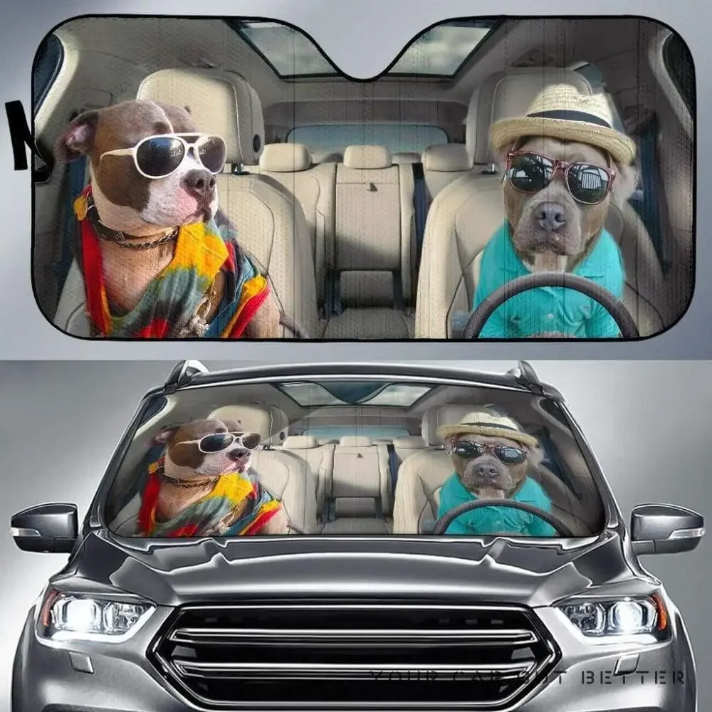 Funny Pitbull Couple Wearing Hawaiian Shirts Driving Car Sunshade, Funny Pitbull Couple Driving On Summer Auto Sun Shade, Windsh