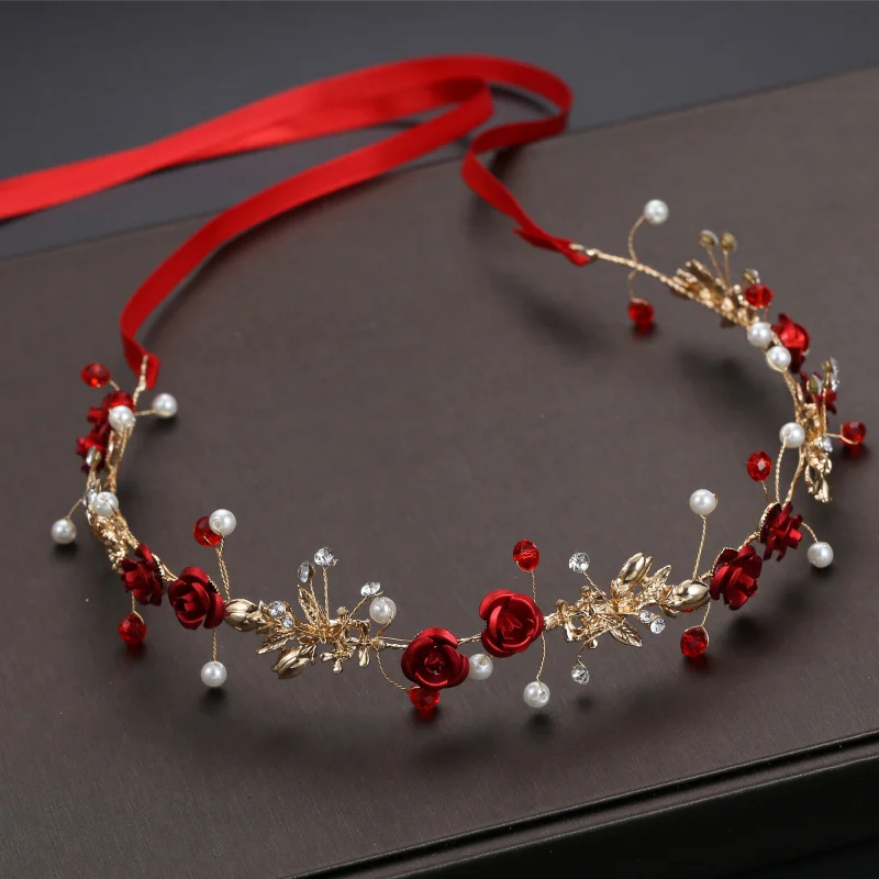 Vintage Headwear Red Rose Crystal Crown Elegant Hairband Tiara Bridal Party Jewelry Wedding Hair Accessories