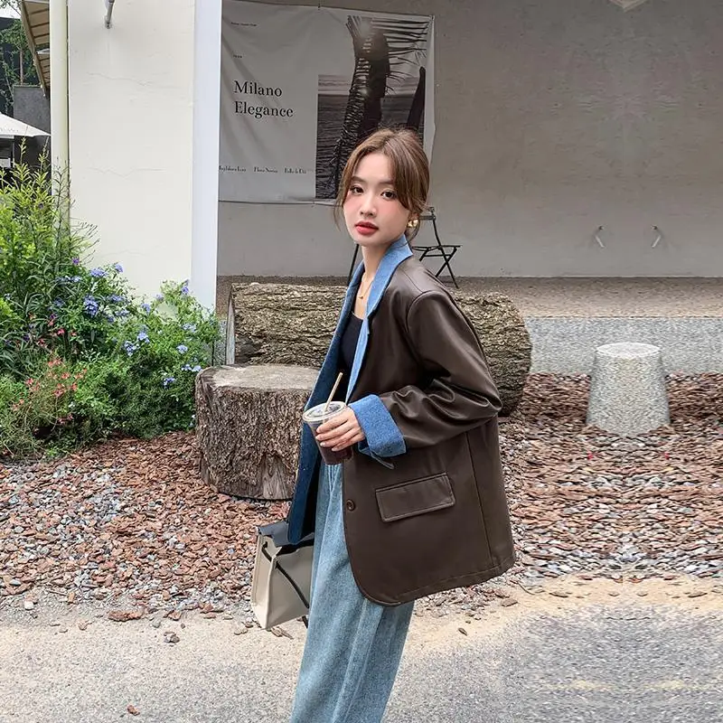 Kurtka damska SuperAen 2026, nowa kolekcja wiosenna, patchworkowa, dżinsowa, z kołnierzem, skórzana, w stylu high street, oversize, koreańskie płaszcze.