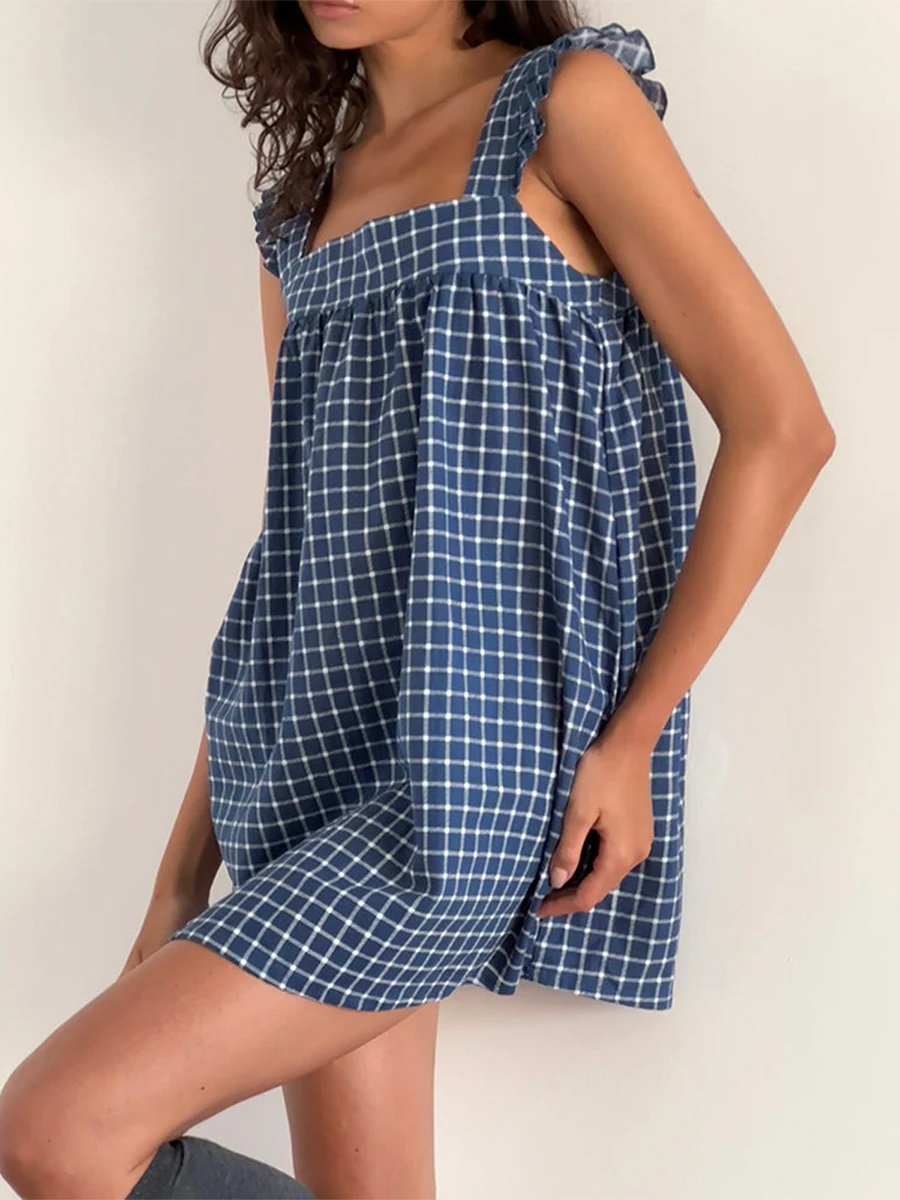 New Fashion Womens Summer Mini Plaid Dress Ruffle Trim Square Neck Loose Fitting Cami Dress Club Street Style Hot Sale S M L