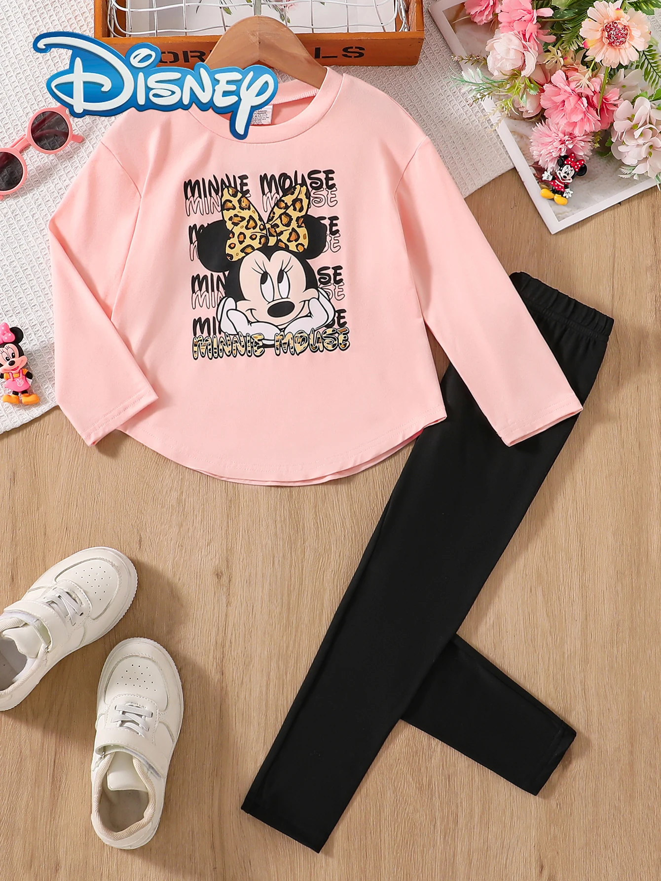 

Disney Officially Licensed Mickey Mouse Autumn and Winter Casual Long-Sleeve and Long-Pants Set, Leopard Print Bow Baby Cartoon Minnie Mouse Adorable Print, Versatile and Comfortable Children's Clothing for Daily Outings, Girls' Fashionable, Energetic, an