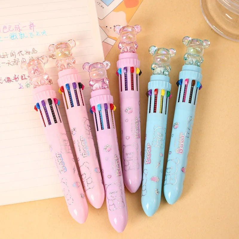36pcs 10 Colors Cute Crystal Bear Ballpoint Pen Kawaii Cartoon Multi-Color Rollerball Pens Painting Mark Writing Stationery