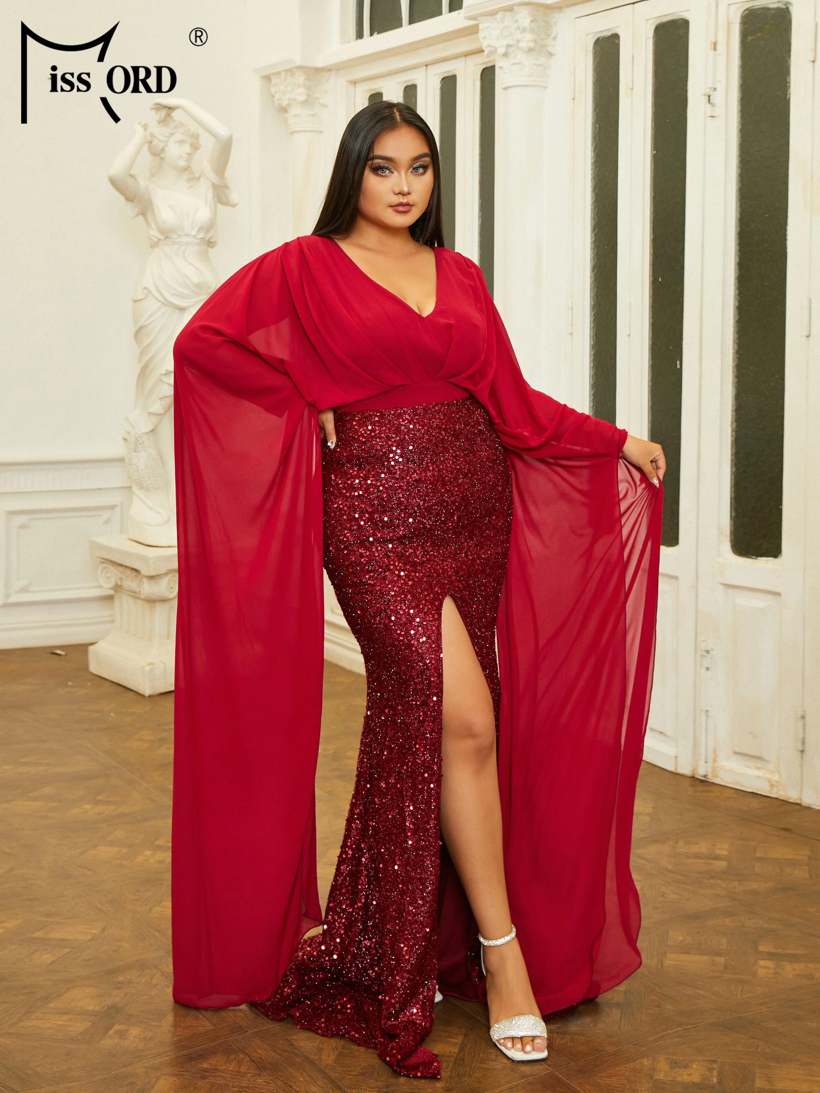 Missord Plus Size New V Neck Panel Sequin Long Sleeve Burgundy Evening Prom Party Formal Occasion Dresses