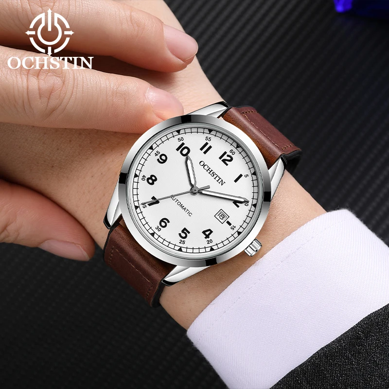 OCHSTIN Mechanical Men Watch Automatic Date Simple Design Quick Release Silicone Leather Strap Magnetic Closure Male Dress Gifts