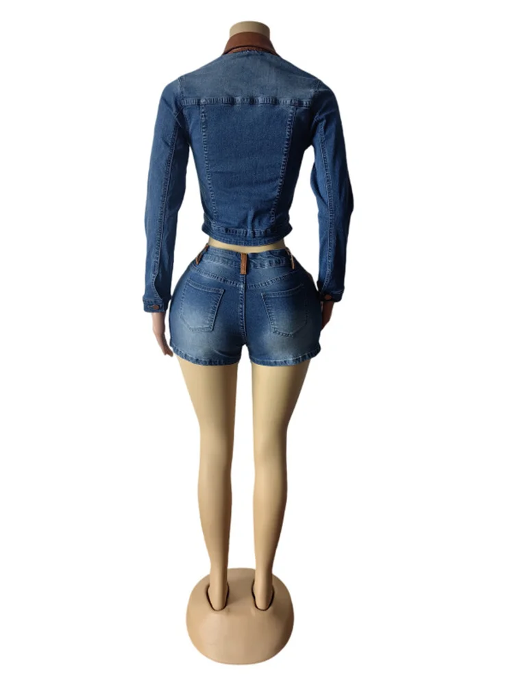 Kliou Vintage-Stil Denim 2-teiliges Set Frau Kontrastdesign Reißverschluss Polo-Ausschnitt Crop Jacke + Skinny Shorts Hottie Street Fashion Outfits