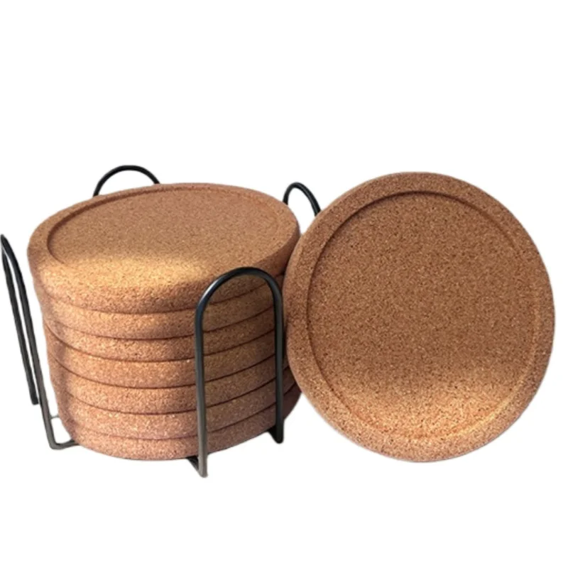 8 Teile/schachtel Konkaven Kork Untersetzer Mit Metall Rack Desktop Kaffee Wärmedämmung Untersetzer Rutschfeste Umweltfreundliche Runde Kork Untersetzer