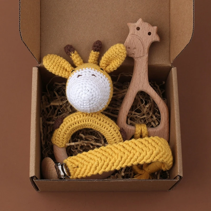 

1set Crochet Knitted Cartoon Animal Baby Teether Rattler Birthday Gift Box Wooden Ring Newborn Teething Toys+Nipple Clips Holder