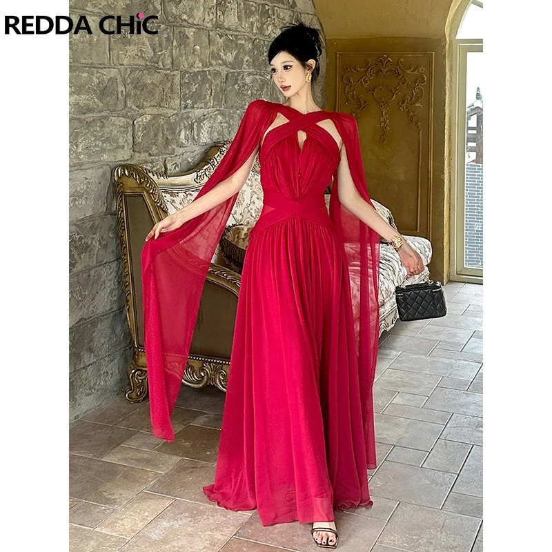

Элегантное шифоновое платье ReddaChic с рукавами-накидкой, красное, с V-образным вырезом, присборенной талией, открытой спиной, макси, длинное, для вечеринок, сексуальное, нарядное
