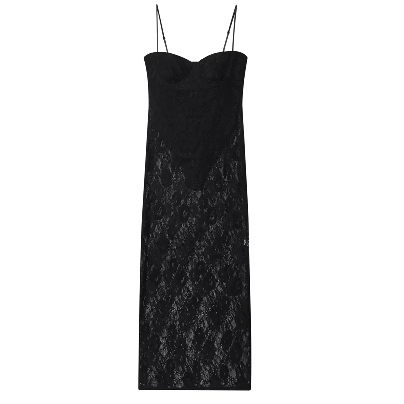 HXAO Abito da donna in pizzo Slip Abiti da festa lunghi Senza maniche Corsetto in tulle Abito nero Abiti eleganti sexy semi trasparenti senza schienale