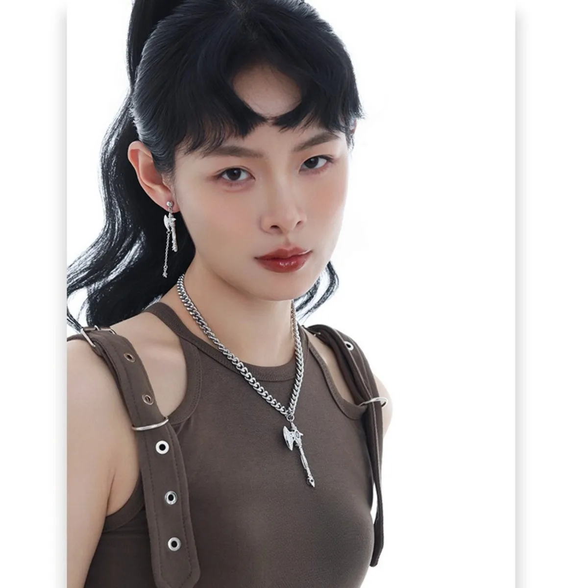 ‘Judgment’Series Original Design Necklace Sword Axe Shaped Punk Jewelry 925 Silver Needle Zircon Inlay Sweet Cool Ornament Gifts
