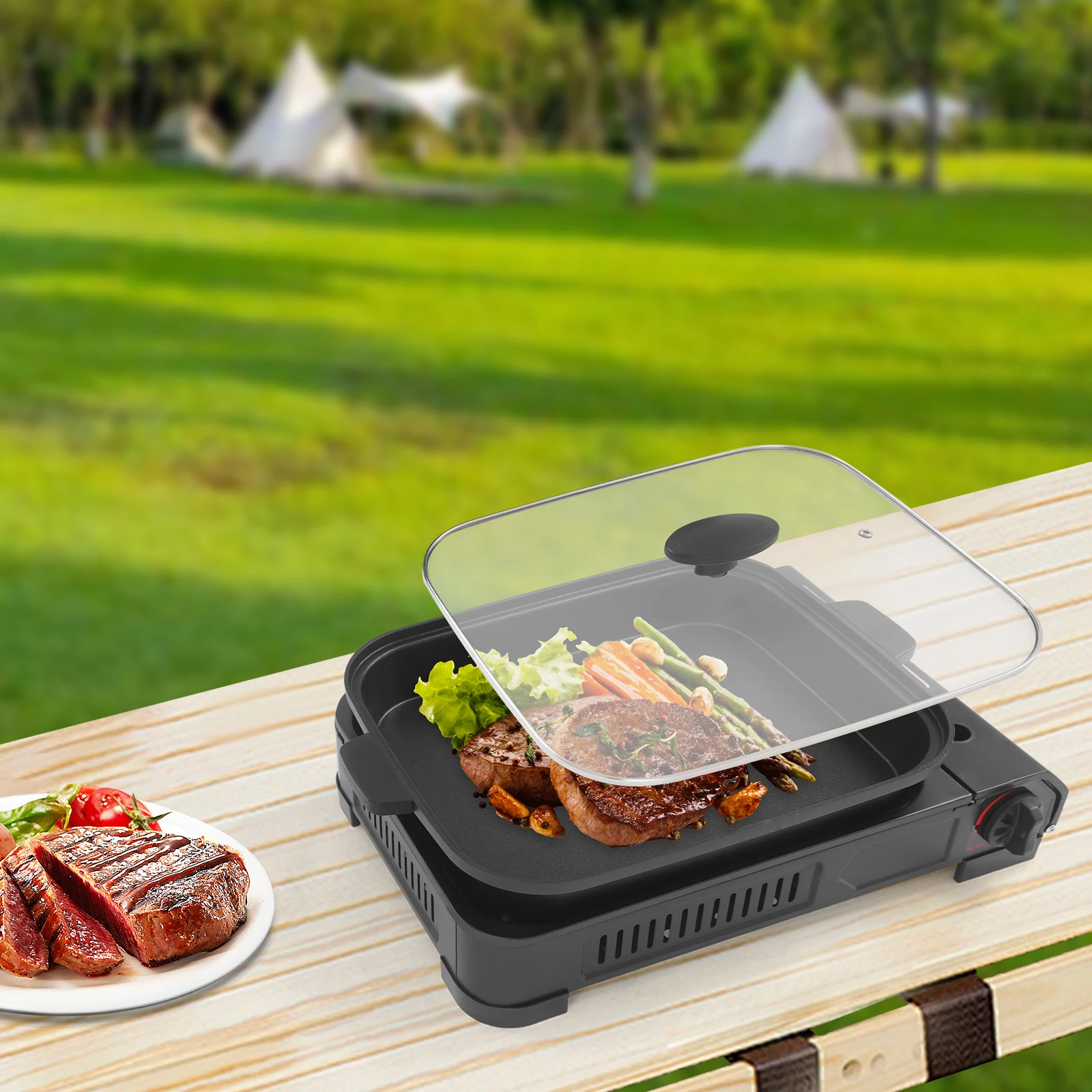 

Camping Stove with Grill Plate & Lid with Handle, Portable Butane Gas Camping Stove, Gas Grill Stove for Outdoor Cooking, Black