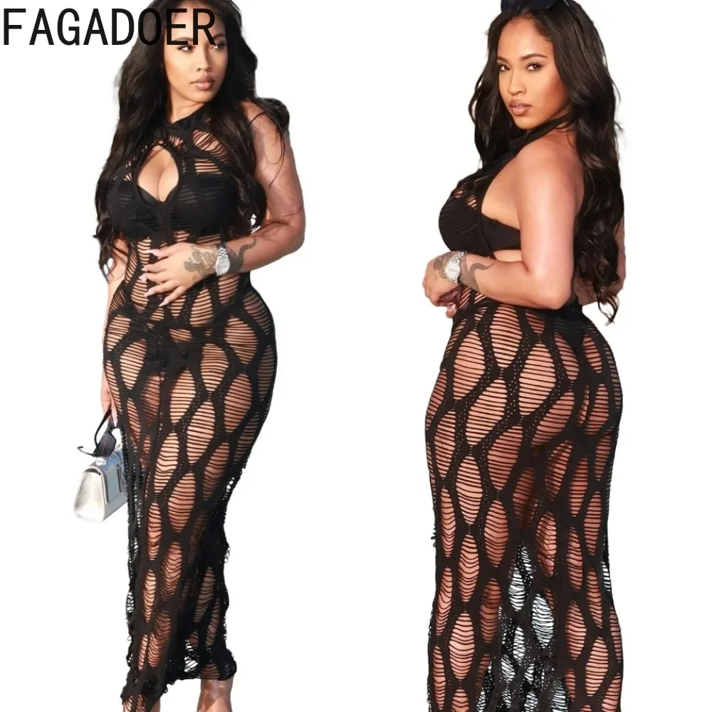 

FAGADOER Black Sexy Hollow Hole Mesh Halter Dress 2024 Women Lace Up Backless Sleeveless Slim Vestidos Female Knit Beach Clothes