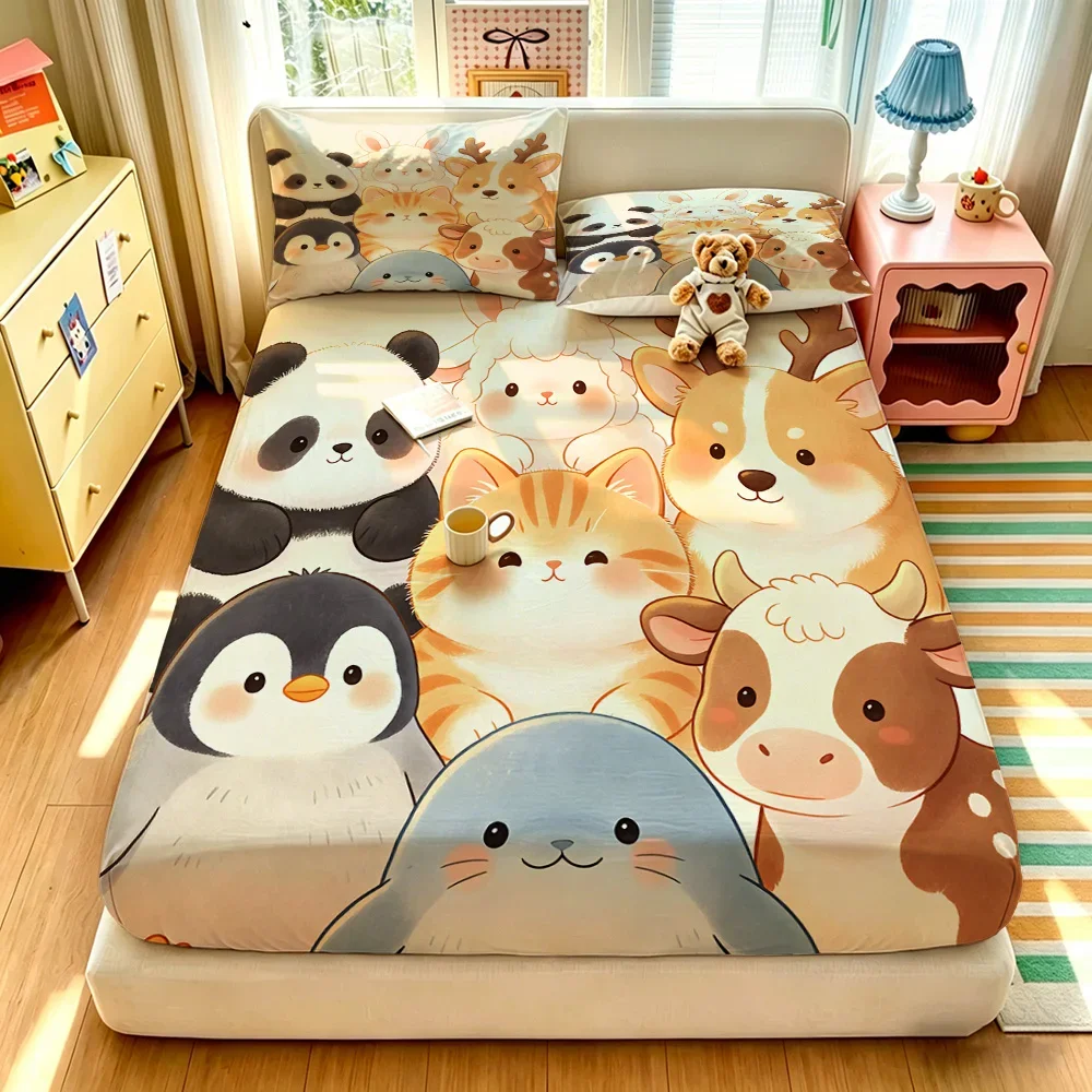 3PCS Cartoon Cute Animal Printed Chipless Bed Sheet Set Bedding Decoration Machine Washable
