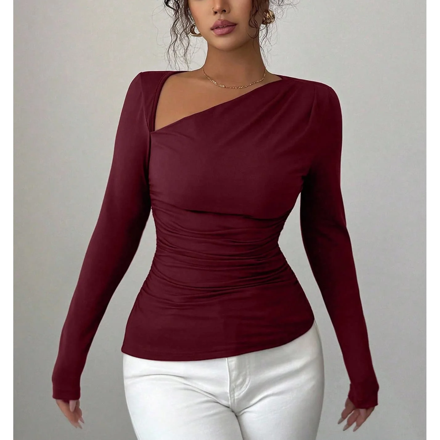 Women\\\'s Casual Solid Color T-Shirt with SideFit Stretch Fabric and Asymmetric Shoulder Collar for Yoga Beach Cycling