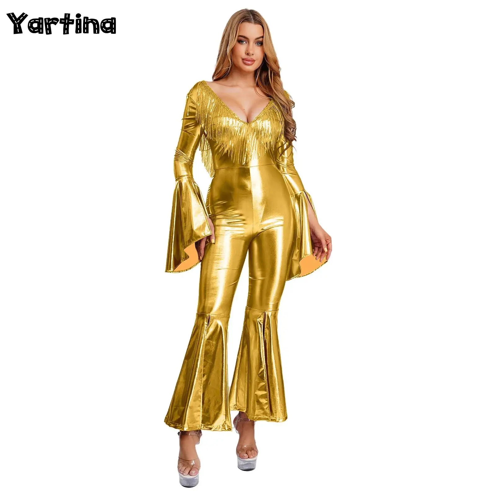 

Женский танцевальный комбинезон для диско-клуба с v-образным вырезом и кисточками из пайеток, расклешенные манжеты и ноги с открытой спиной, переливающийся металлический боди, комбинезон