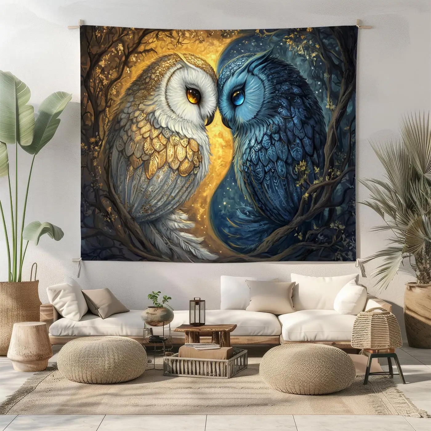 Large Woodland Owl Pair Tapestry Wall Hanging Rustic Forest Art Boho Nursery Decor Golden Blue Print