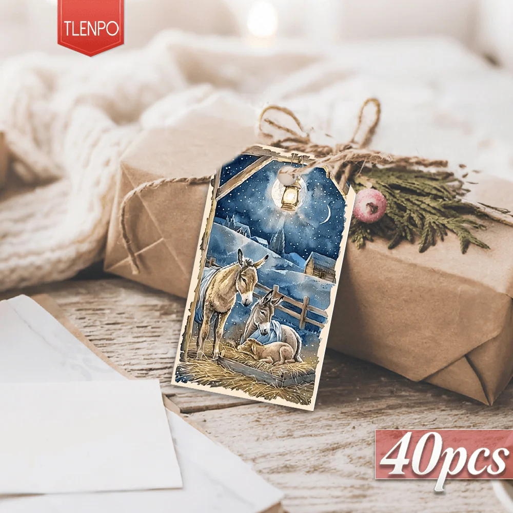 40pcs, Gift Tags, Nativity Bible Christmas Scene, Hanging Paper Labels for Gift Wrapping, Holiday Party Decor with String