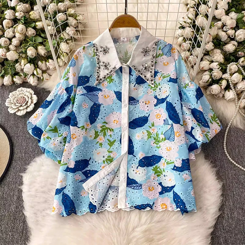 

Collar lantern sleeve shirt for women in summer, hollowed out embroidery print, age reducing and slimming top