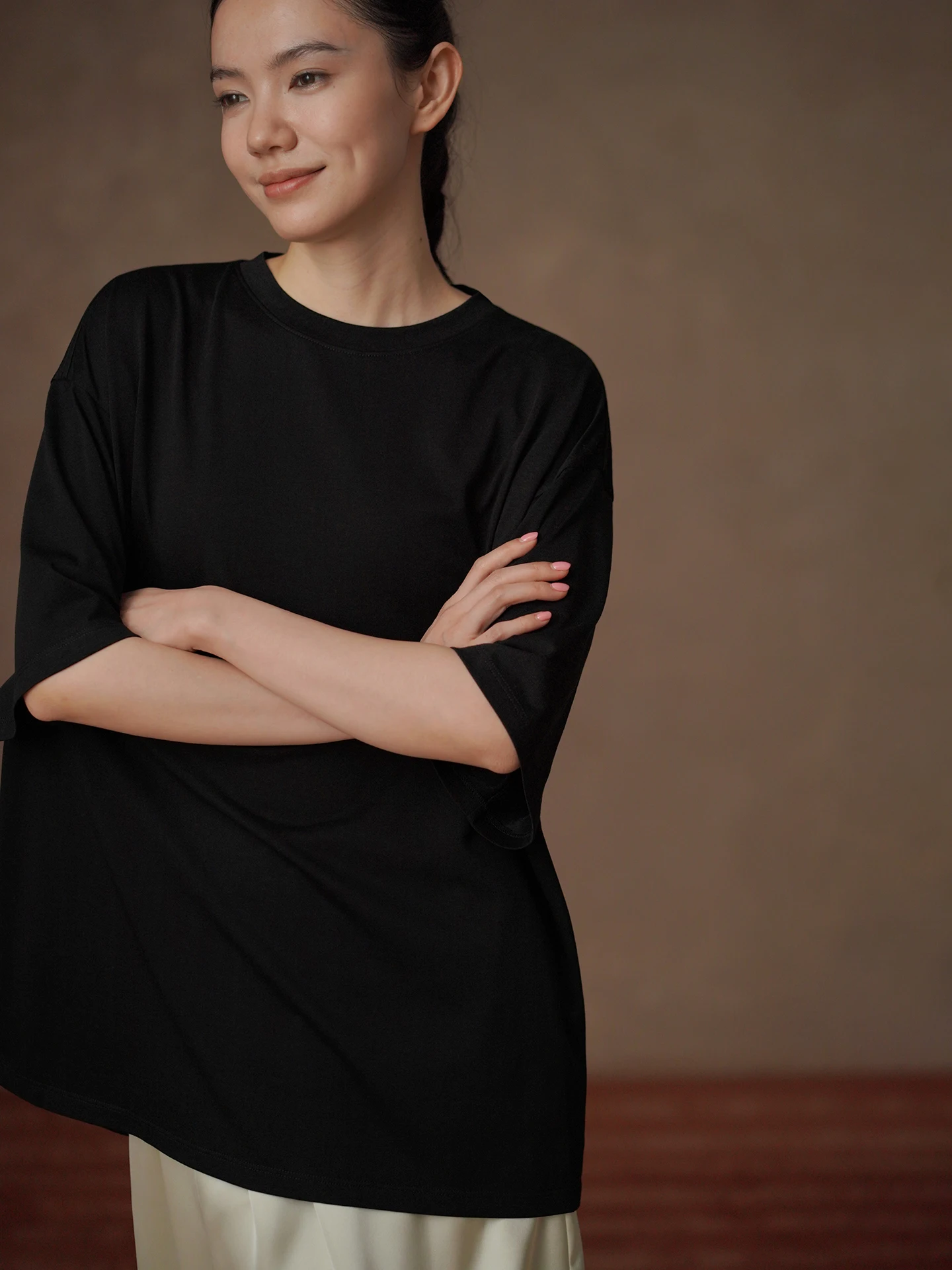 Hacikis Miss Tooth round Neck Short Sleeve T-Shirt Loose Fit Breathable Skin-friendly Lyocell Cotton Casual Style for Women