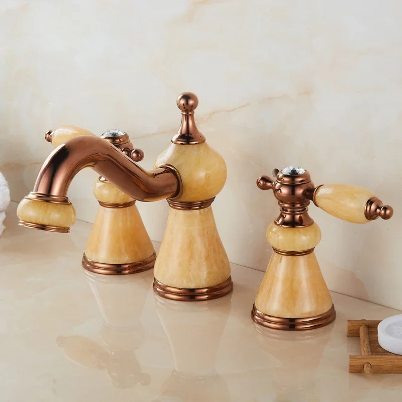 

Полностью медный смеситель из натурального нефрита в европейском стиле с тремя отверстиями для горячей и холодной воды, разделенный мраморный смеситель для раковины, золото, розовое золото