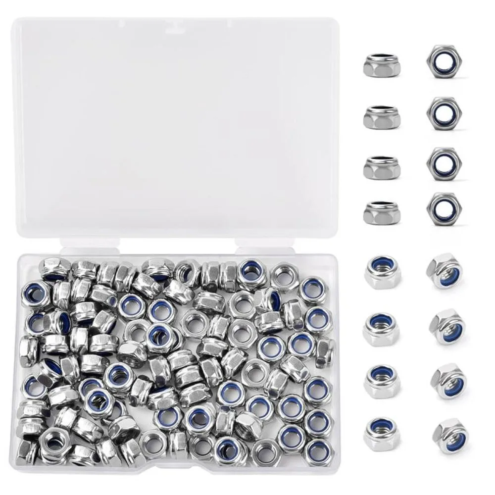 100pcs M6 Pitch 304 Stainless Steel Self-Locking Hex Lock Nuts, Nylon Insert LockNuts Silver Metric Self Clinching Hex Lock Nuts