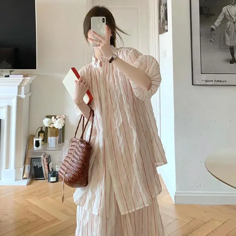 Casual Women Suits Summer Sweet Puff Sleeve Stand Collar Loose Shirt Comfort Pink Stripes Puffy Skirt Two-piece