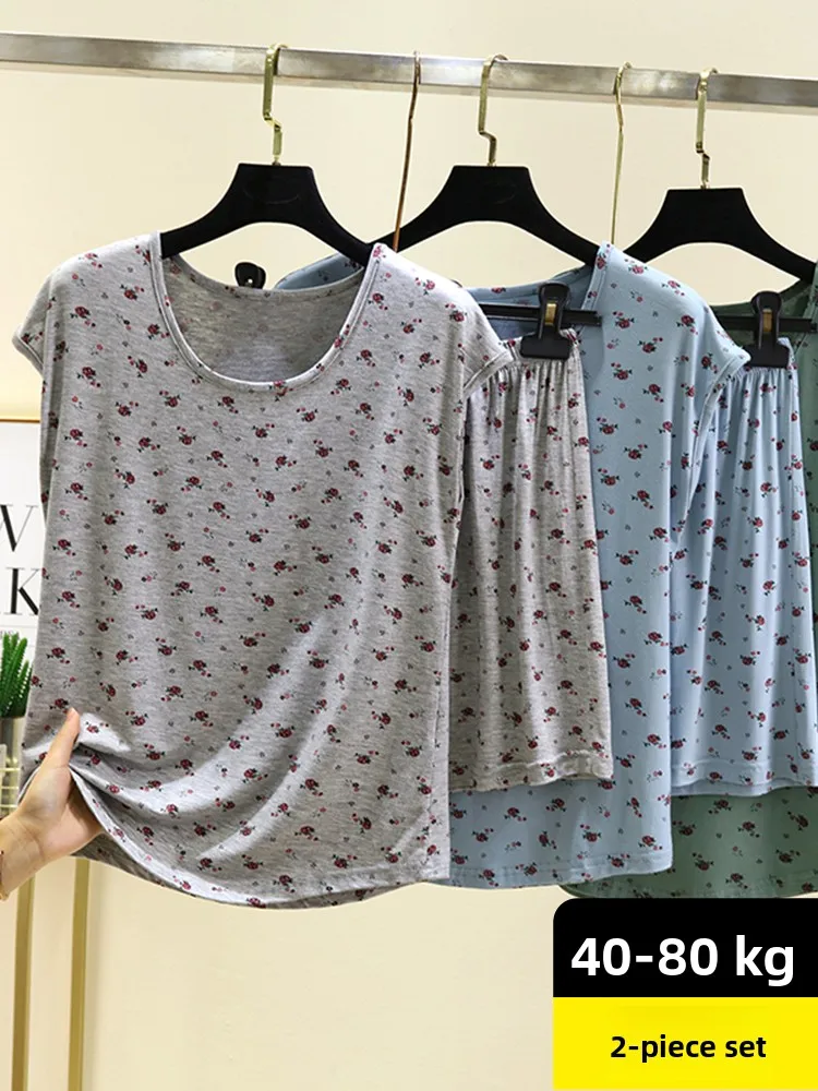 

Modal Sleeveless T-Shirt Shorts Set Women Summer Thin Floral Sleepwear Outdoor Wear Large Size Home Two Piece Set Casual roun...