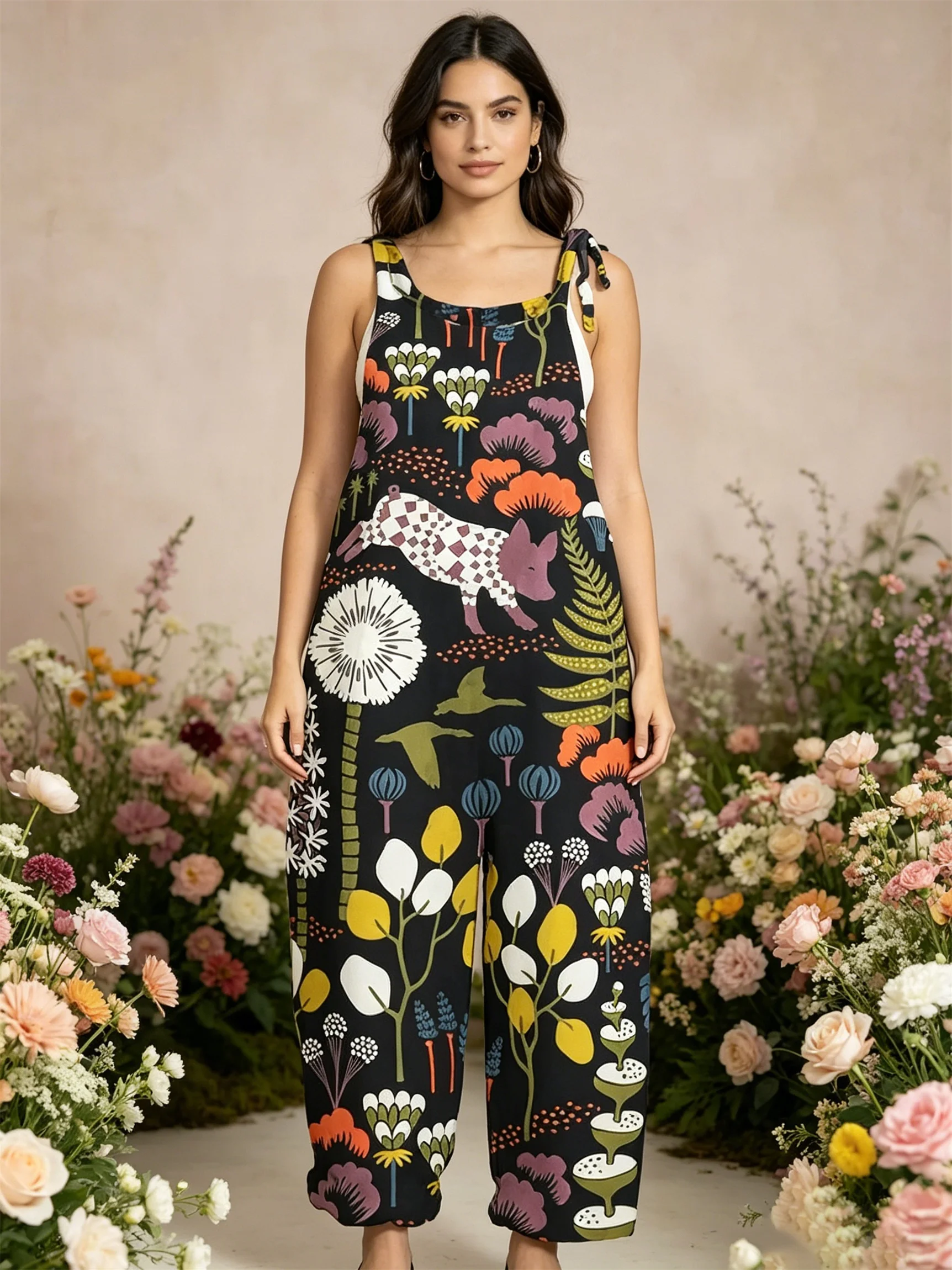2026 women's cross dyed rose print work pants jumpsuit, off shoulder sleeveless loose lantern pants, casual wear