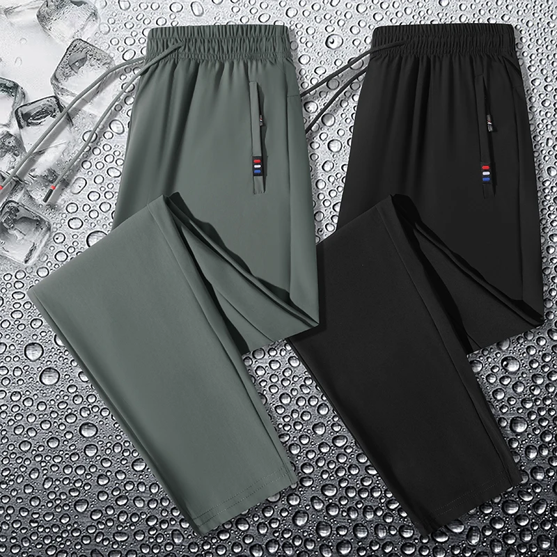 Pantalones deportivos elásticos para hombre, calzas finas transpirables de talla grande para correr al aire libre, cintura elástica, seda de hielo,