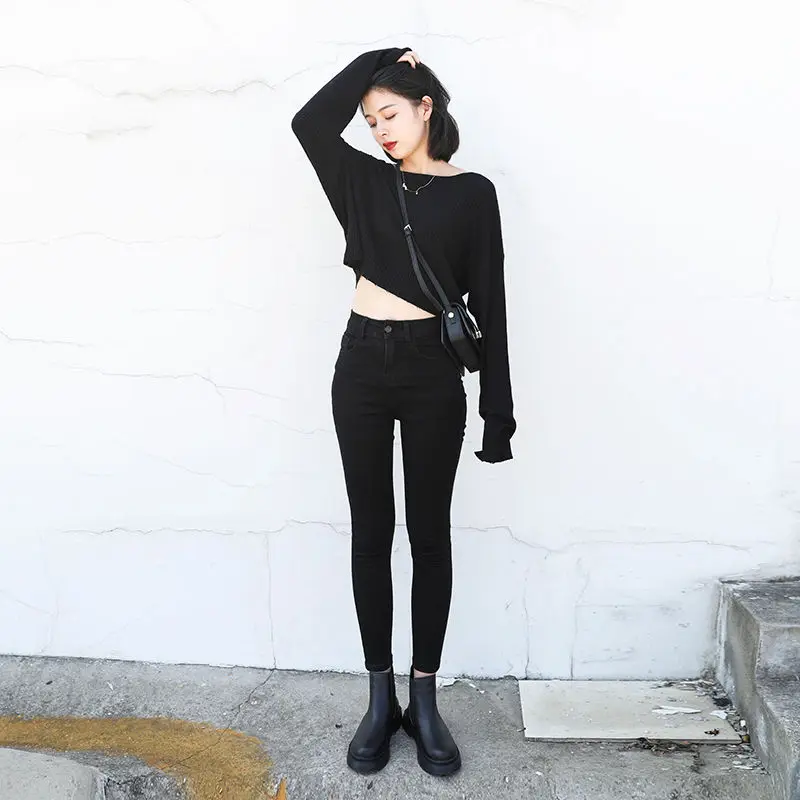 Ankle-length Jeans Women Skinny Fashion Simple Students Slight Strech Daily Spring Solid Korean Style High Waist All-match Cozy