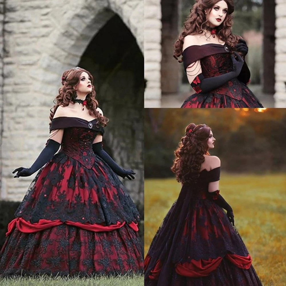 Gothic Medieval Schwarz Spitze Liner Burgund Abendkleid Sexy Off Schulter Frauen Formale Kleider A-line robe de soirée de mariage