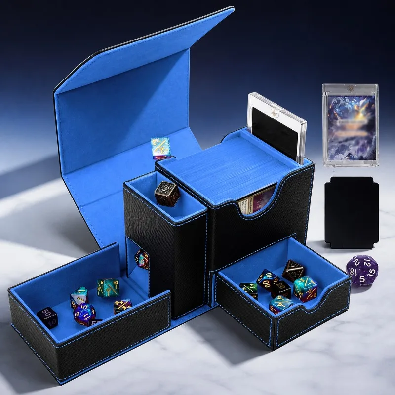 Card Deck Box with Dice Tower & Drawers PU Leather Multifunctional Card Storage Holder for TCG MTG Pokemon D&D RPG Board Games