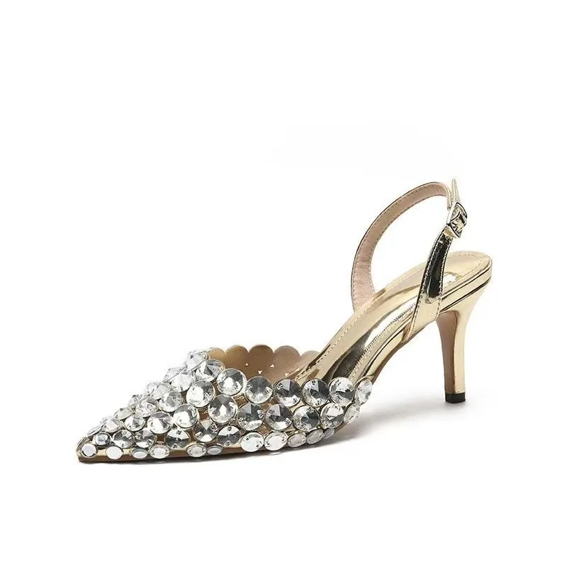 Advanced Rhinestone Sandals for Women Hollowed Out High-heeled Mule Shoes Pointed Suspender Slippers for Women Zapatos De Mujer