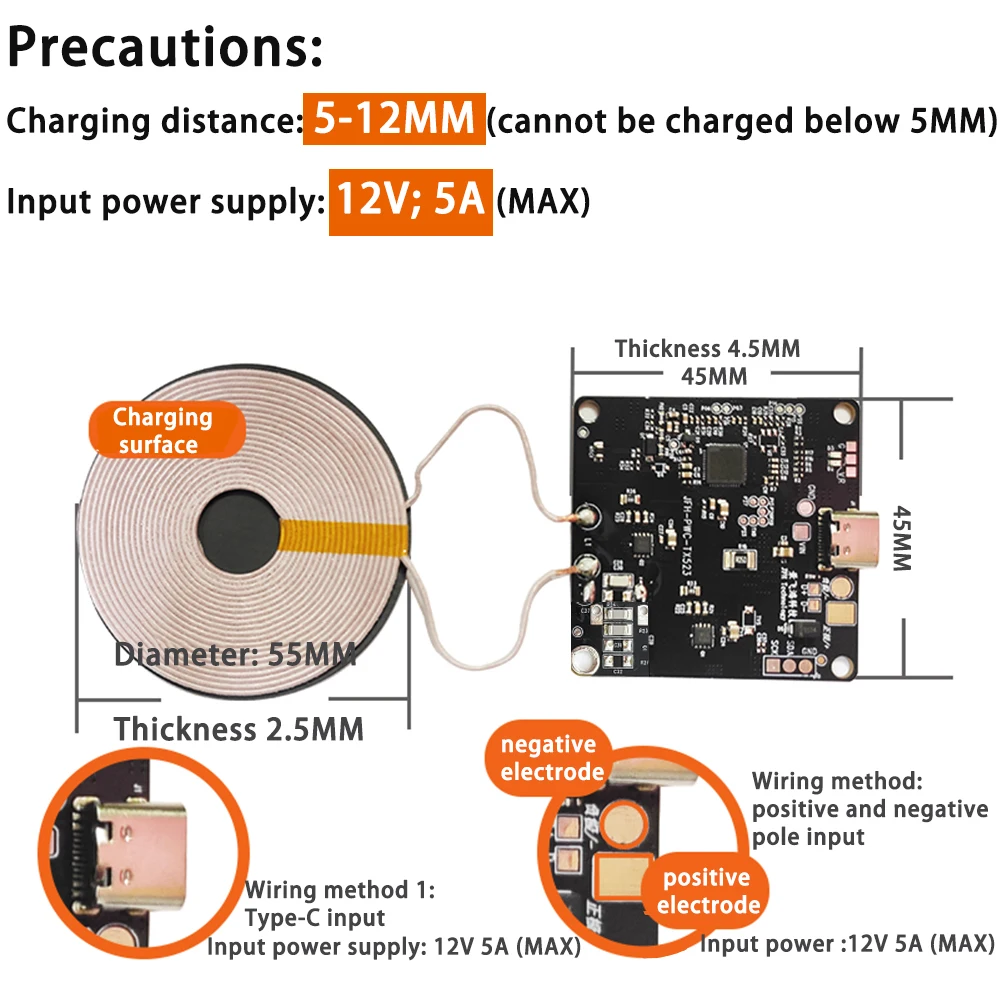 15W 12V Wireless Fast Charging Mobile Phone Charger Module Transmitter PCBA Circuit Board with Large Coil 5-15MM Long Distance