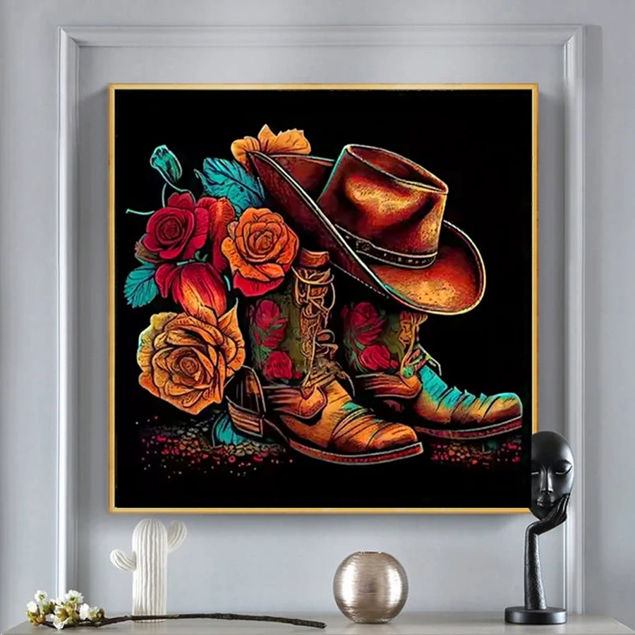 

Ковбойская шляпа Сапоги Наборы алмазной живописи Домашний декор Полная квадратная круглая вышивка Мозаика Роза Пейзаж ручной работы Настенный декор искусство