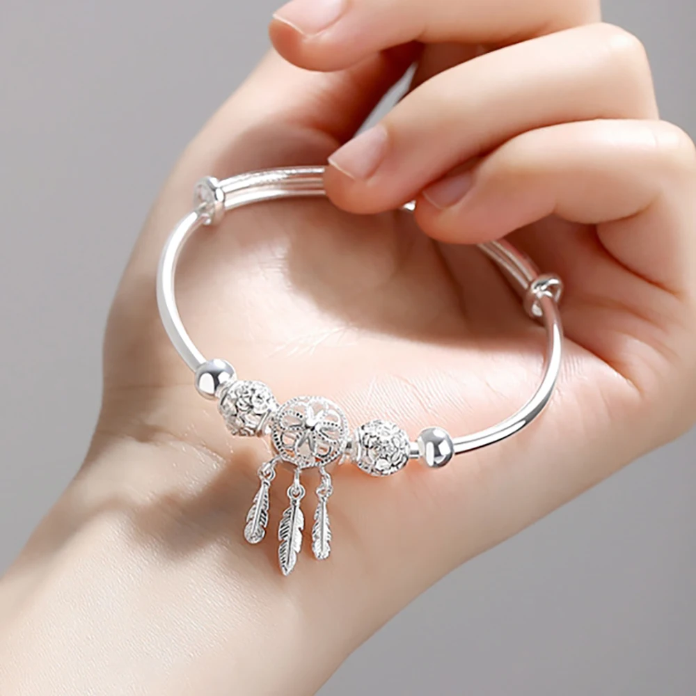 Charm-Armband mit Quaste und Federn, runder Perle, verstellbar, Armreif aus 925er-Sterlingsilber, Traumfänger für Frauen, elegante Hochzeit