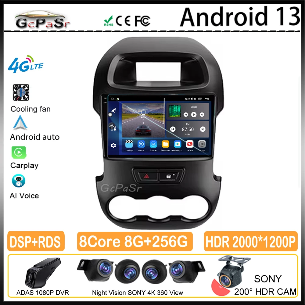 Android For Ford Ranger T6 2011 -2014 Car Auto radio Player Multimedia Video GPS Navigation QLED Carplay Stereo High-Performance