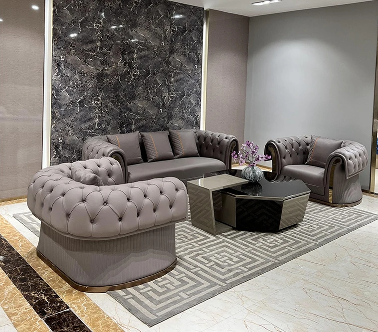 #￥MR Italian Style Luxury Genuine Leather Sofa Villa Modern Living Room Button Tufted Sofa Sets