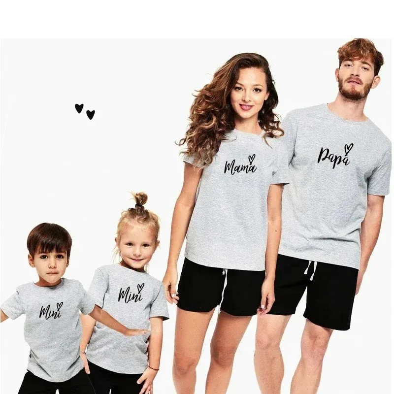 Mama Papa and MINI Little print t-shirt Family Matching Clothes Father and Son Kids Clothes daddy Baby T Shirt Short Sleeve