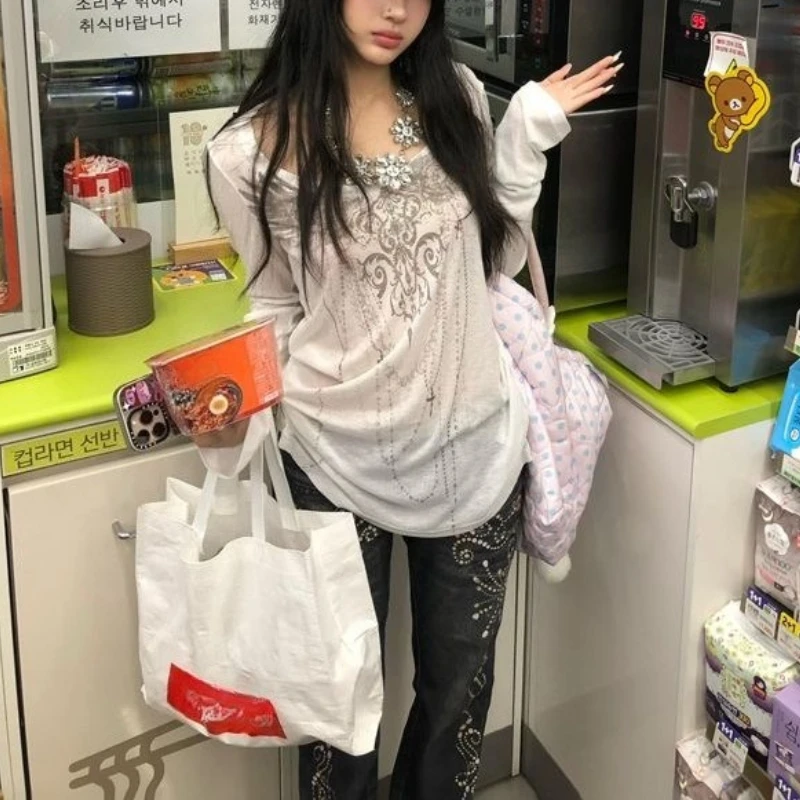 디자인 백 컷아웃 프린트 긴팔 티셔츠 여성용 신상 여름 라이트 화이트 자외선 차단 커버업 탑 Y2k 캐주얼 의상 2025 신상