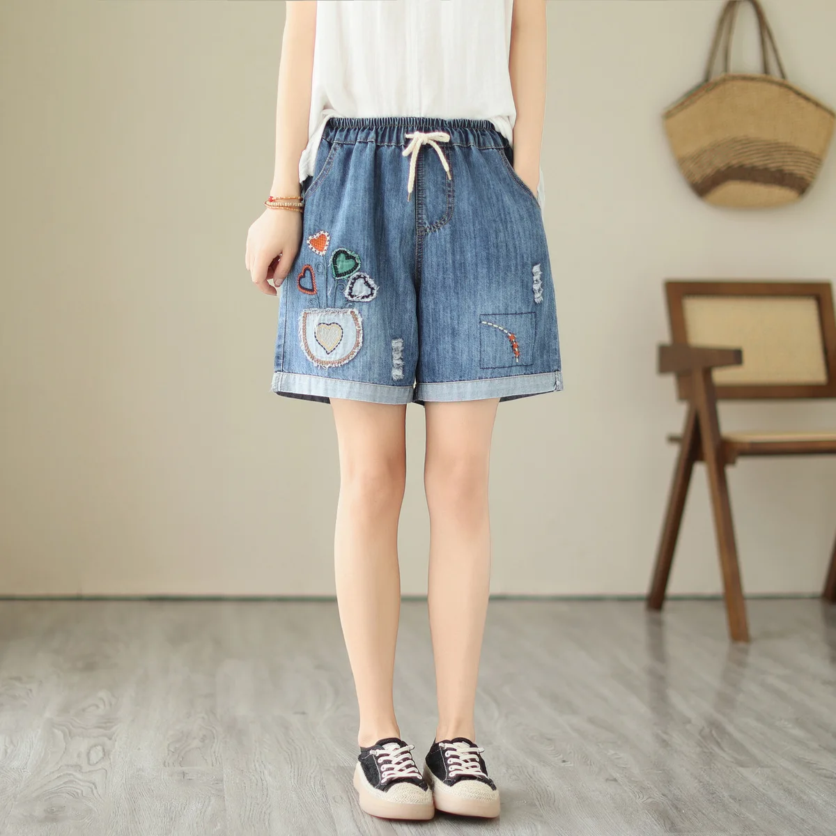 Aricaca Women Embroidered Patch Designs Denim Shorts Female M-2XL Casual Light Blue Shorts