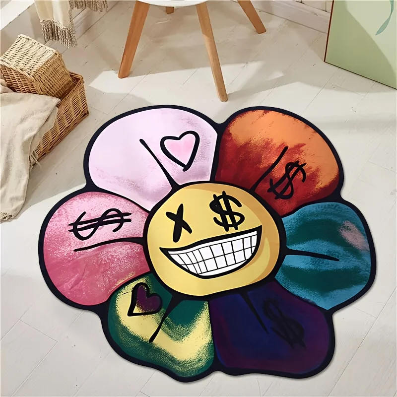 VIKAMA Sunflower Round Carpet Dopamine Irregular Floor Mat Anti Slip Dirt Resistant Easy To Maintain Living Room Home Decor Soft